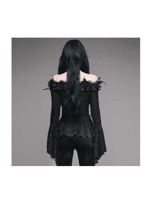 One-Word Shoulder Rose Decoration Collar Waist Side Splice Lace Lace-Up Flare Sleeve Black Gothic Knit T-Shirt