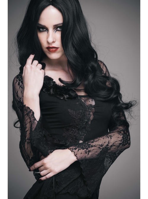 One-Word Shoulder Rose Decoration Collar Waist Side Splice Lace Lace-Up Flare Sleeve Black Gothic Knit T-Shirt