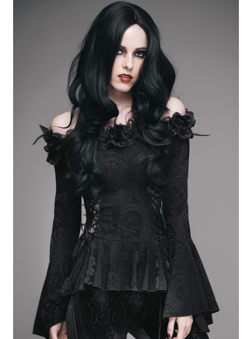 One-Word Shoulder Rose Decoration Collar Waist Side Splice Lace Lace-Up Flare Sleeve Black Gothic Knit T-Shirt