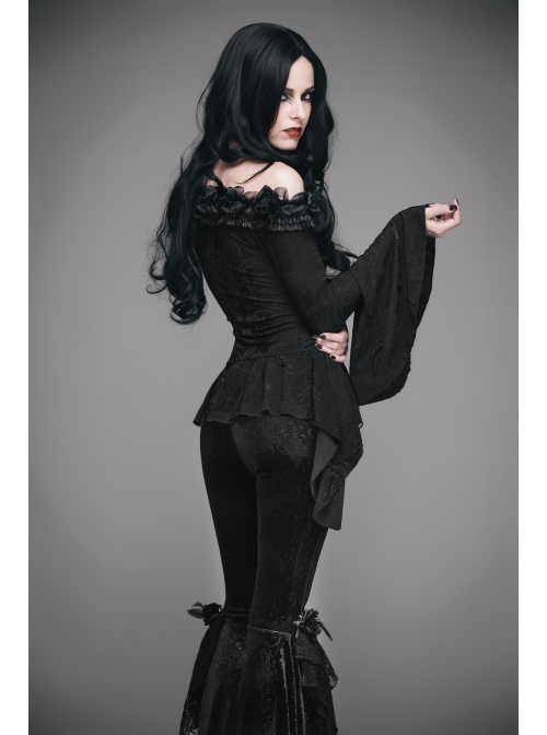 One-Word Shoulder Rose Decoration Collar Waist Side Splice Lace Lace-Up Flare Sleeve Black Gothic Knit T-Shirt