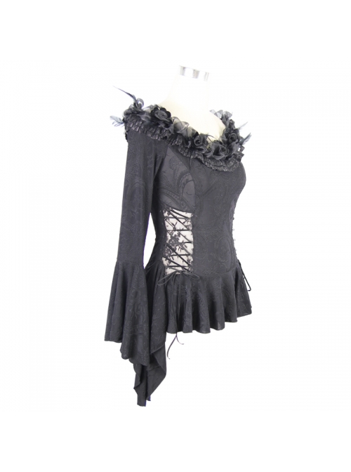 One-Word Shoulder Rose Decoration Collar Waist Side Splice Lace Lace-Up Flare Sleeve Black Gothic Knit T-Shirt