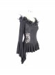 One-Word Shoulder Rose Decoration Collar Waist Side Splice Lace Lace-Up Flare Sleeve Black Gothic Knit T-Shirt