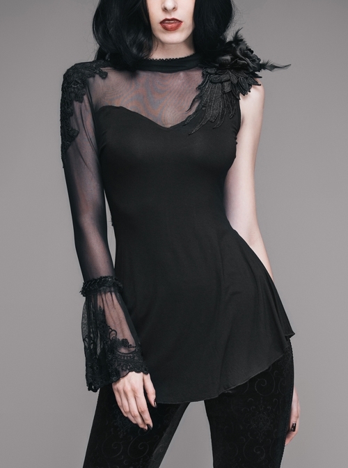 Shoulder Decals Feather Decoration Single Sleeve Splice Mesh Black Gothic Knit T-Shirt