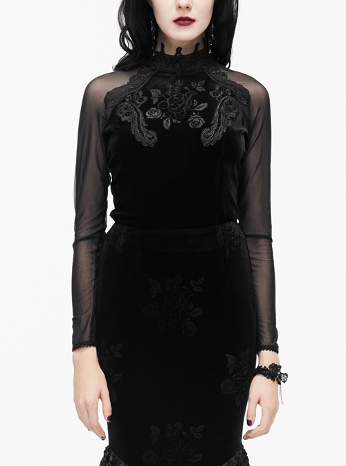 High Collar Front Chest Rose Decals Mesh Long Sleeve Black Gothic Rose Embossed Velvet T-Shirt