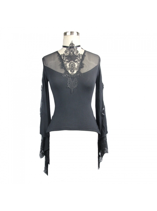 Front Chest Decals Flare Sleeve Back Waist Lace-Up Lace Hem Black Gothic Knit T-Shirt