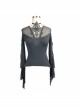 Front Chest Decals Flare Sleeve Back Waist Lace-Up Lace Hem Black Gothic Knit T-Shirt