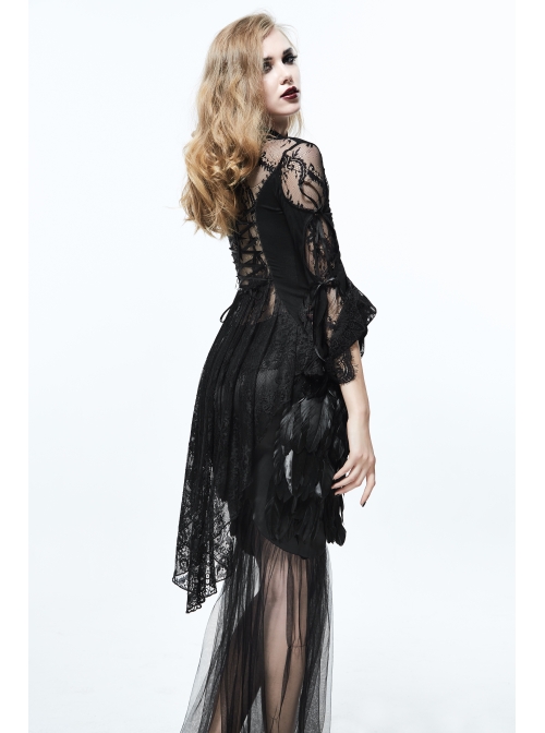 Front Chest Decals Flare Sleeve Back Waist Lace-Up Lace Hem Black Gothic Knit T-Shirt