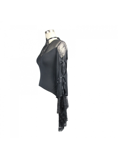 Front Chest Decals Flare Sleeve Back Waist Lace-Up Lace Hem Black Gothic Knit T-Shirt
