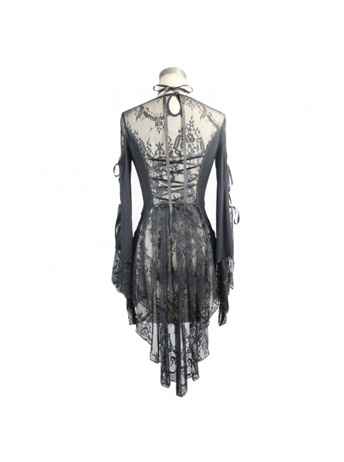 Front Chest Decals Flare Sleeve Back Waist Lace-Up Lace Hem Black Gothic Knit T-Shirt