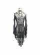 Front Chest Decals Flare Sleeve Back Waist Lace-Up Lace Hem Black Gothic Knit T-Shirt