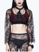 Front Chest Decals Beads Chain Lace Long Sleeve Black And Red Gothic Knit Halter Short T-Shirt