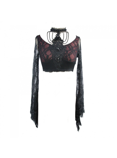 Front Chest Decals Beads Chain Lace Long Sleeve Black And Red Gothic Knit Halter Short T-Shirt