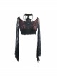 Front Chest Decals Beads Chain Lace Long Sleeve Black And Red Gothic Knit Halter Short T-Shirt