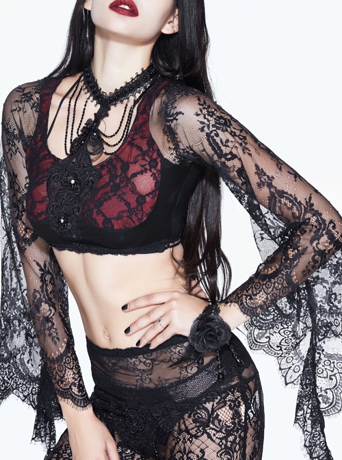 Front Chest Decals Beads Chain Lace Long Sleeve Black And Red Gothic Knit Halter Short T-Shirt