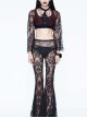 Front Chest Decals Beads Chain Lace Long Sleeve Black And Red Gothic Knit Halter Short T-Shirt
