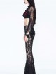 Front Chest Decals Beads Chain Lace Long Sleeve Black And Red Gothic Knit Halter Short T-Shirt