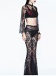 Front Chest Decals Beads Chain Lace Long Sleeve Black And Red Gothic Knit Halter Short T-Shirt