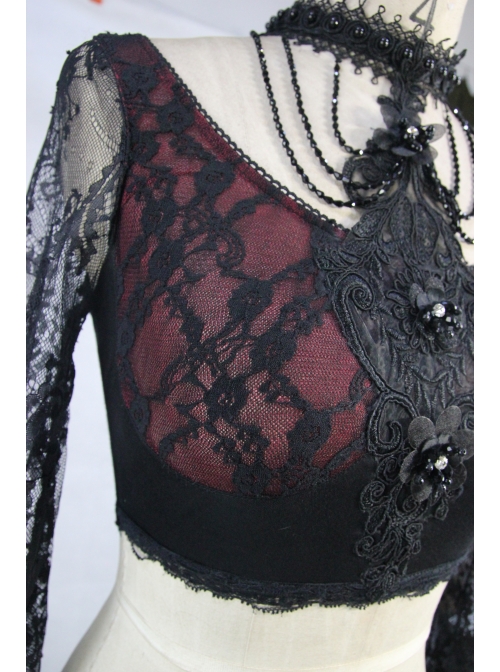 Front Chest Decals Beads Chain Lace Long Sleeve Black And Red Gothic Knit Halter Short T-Shirt