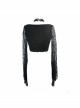 Front Chest Decals Beads Chain Lace Long Sleeve Black And Red Gothic Knit Halter Short T-Shirt