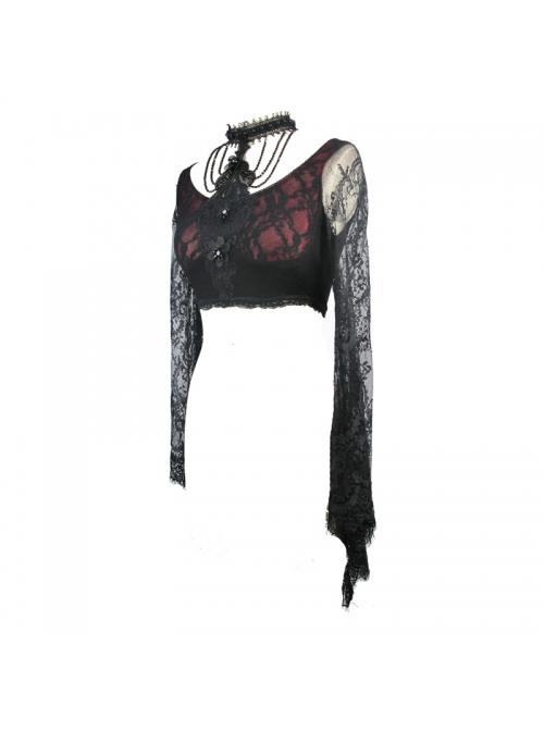 Front Chest Decals Beads Chain Lace Long Sleeve Black And Red Gothic Knit Halter Short T-Shirt