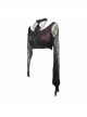Front Chest Decals Beads Chain Lace Long Sleeve Black And Red Gothic Knit Halter Short T-Shirt