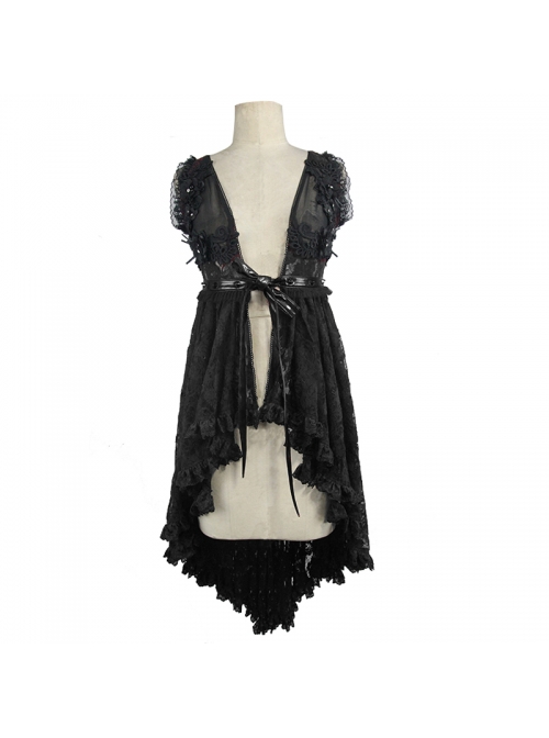 Waist Knot Back Lace-Up Frill Hem Black Gothic Sleeveless Rose Lace Mesh T-Shirt