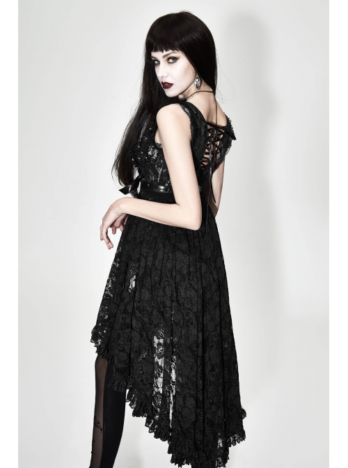 Waist Knot Back Lace-Up Frill Hem Black Gothic Sleeveless Rose Lace Mesh T-Shirt