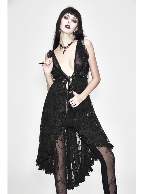 Waist Knot Back Lace-Up Frill Hem Black Gothic Sleeveless Rose Lace Mesh T-Shirt