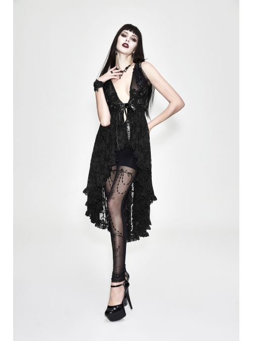 Waist Knot Back Lace-Up Frill Hem Black Gothic Sleeveless Rose Lace Mesh T-Shirt