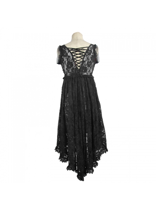 Waist Knot Back Lace-Up Frill Hem Black Gothic Sleeveless Rose Lace Mesh T-Shirt
