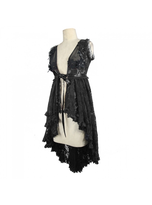 Waist Knot Back Lace-Up Frill Hem Black Gothic Sleeveless Rose Lace Mesh T-Shirt