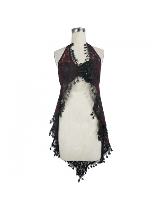 Wine Red Gothic Frilly Tassel Hem Halter Lace T-Shirt