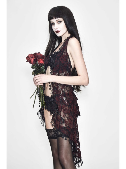 Wine Red Gothic Frilly Tassel Hem Halter Lace T-Shirt