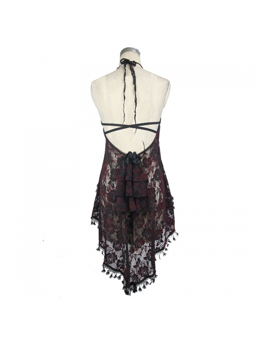 Wine Red Gothic Frilly Tassel Hem Halter Lace T-Shirt
