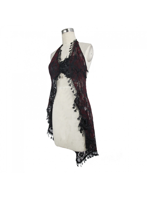 Wine Red Gothic Frilly Tassel Hem Halter Lace T-Shirt