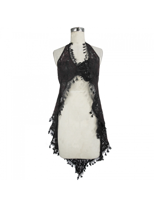 Black Gothic Frilly Tassel Hem Halter Lace T-Shirt