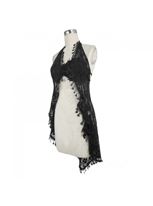 Black Gothic Frilly Tassel Hem Halter Lace T-Shirt