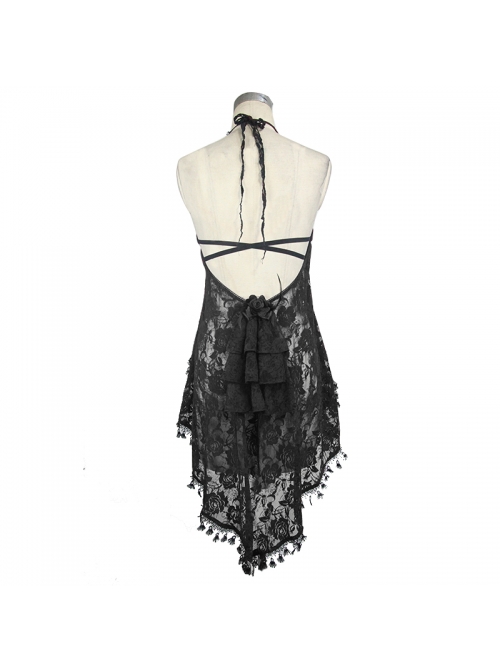 Black Gothic Frilly Tassel Hem Halter Lace T-Shirt