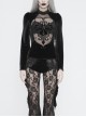 High Collar Front Chest Splice Mesh Embroidered Flare Sleeve Black Gothic T-Shirt