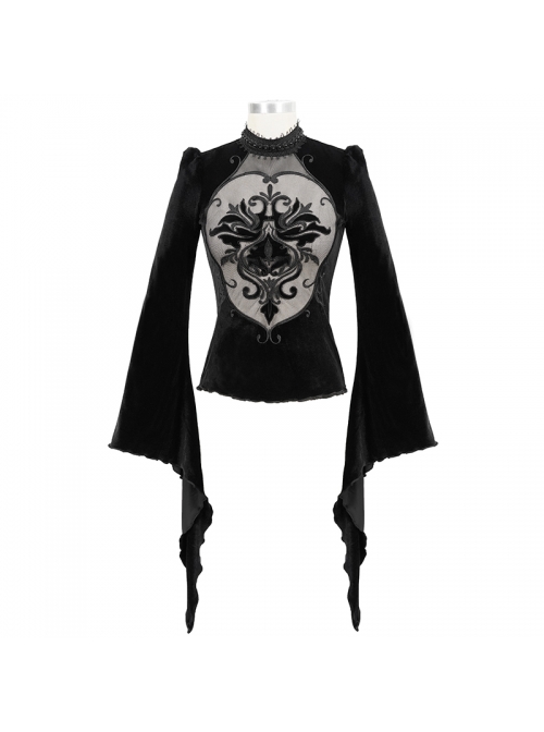 High Collar Front Chest Splice Mesh Embroidered Flare Sleeve Black Gothic T-Shirt