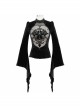 High Collar Front Chest Splice Mesh Embroidered Flare Sleeve Black Gothic T-Shirt