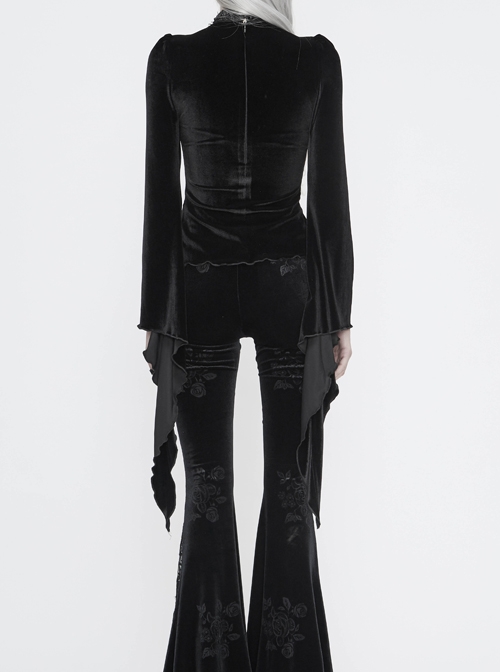 High Collar Front Chest Splice Mesh Embroidered Flare Sleeve Black Gothic T-Shirt