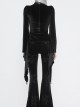 High Collar Front Chest Splice Mesh Embroidered Flare Sleeve Black Gothic T-Shirt