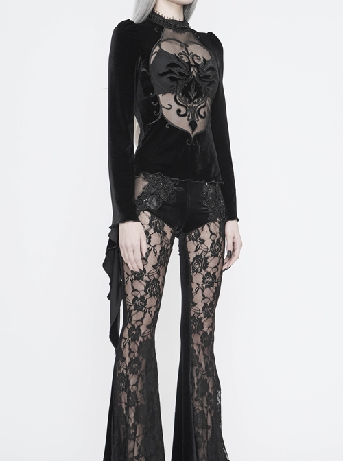 High Collar Front Chest Splice Mesh Embroidered Flare Sleeve Black Gothic T-Shirt