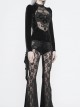 High Collar Front Chest Splice Mesh Embroidered Flare Sleeve Black Gothic T-Shirt