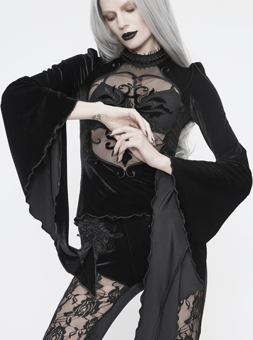 High Collar Front Chest Splice Mesh Embroidered Flare Sleeve Black Gothic T-Shirt