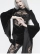 High Collar Front Chest Splice Mesh Embroidered Flare Sleeve Black Gothic T-Shirt