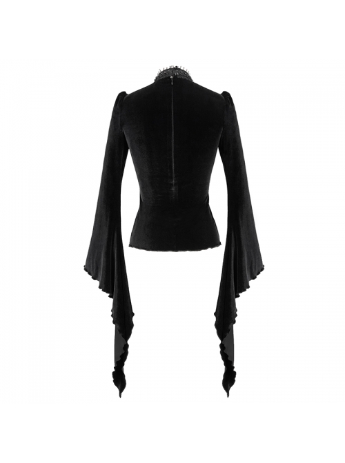 High Collar Front Chest Splice Mesh Embroidered Flare Sleeve Black Gothic T-Shirt