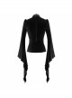 High Collar Front Chest Splice Mesh Embroidered Flare Sleeve Black Gothic T-Shirt
