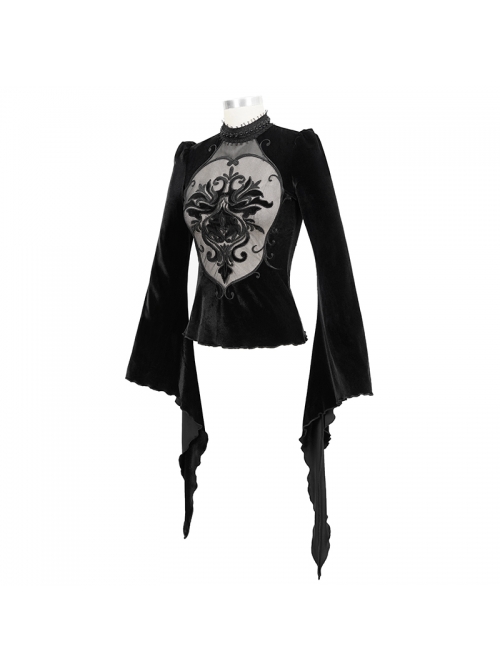 High Collar Front Chest Splice Mesh Embroidered Flare Sleeve Black Gothic T-Shirt